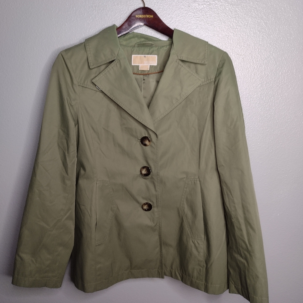 Michael By Michael Kors Womens  Trench Coat Jacket Medium Green Button A9